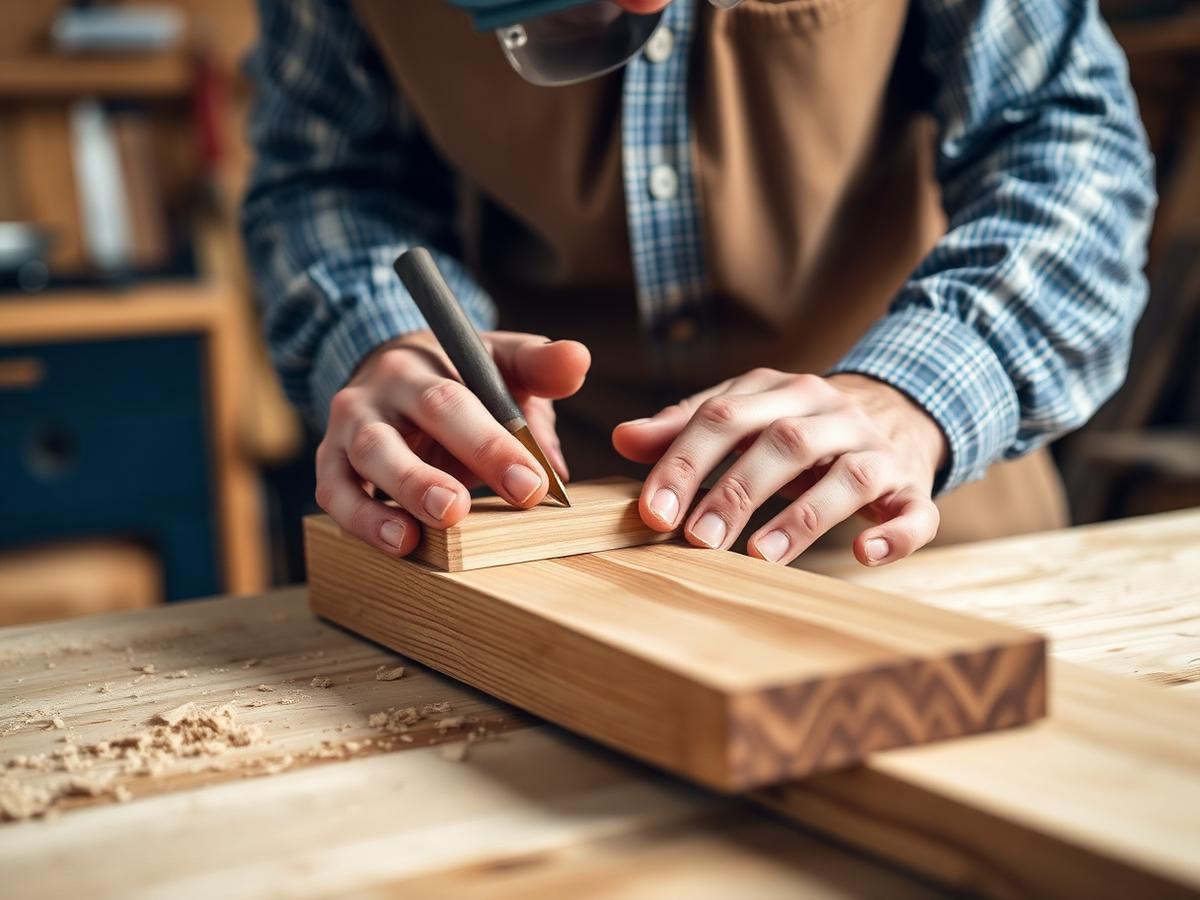 Skilled carpenter marking a teak wood joint in the workshop